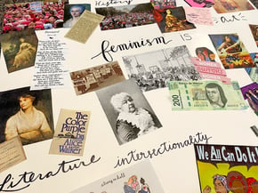 Women's history month and feminism bulletin board in the Upper School